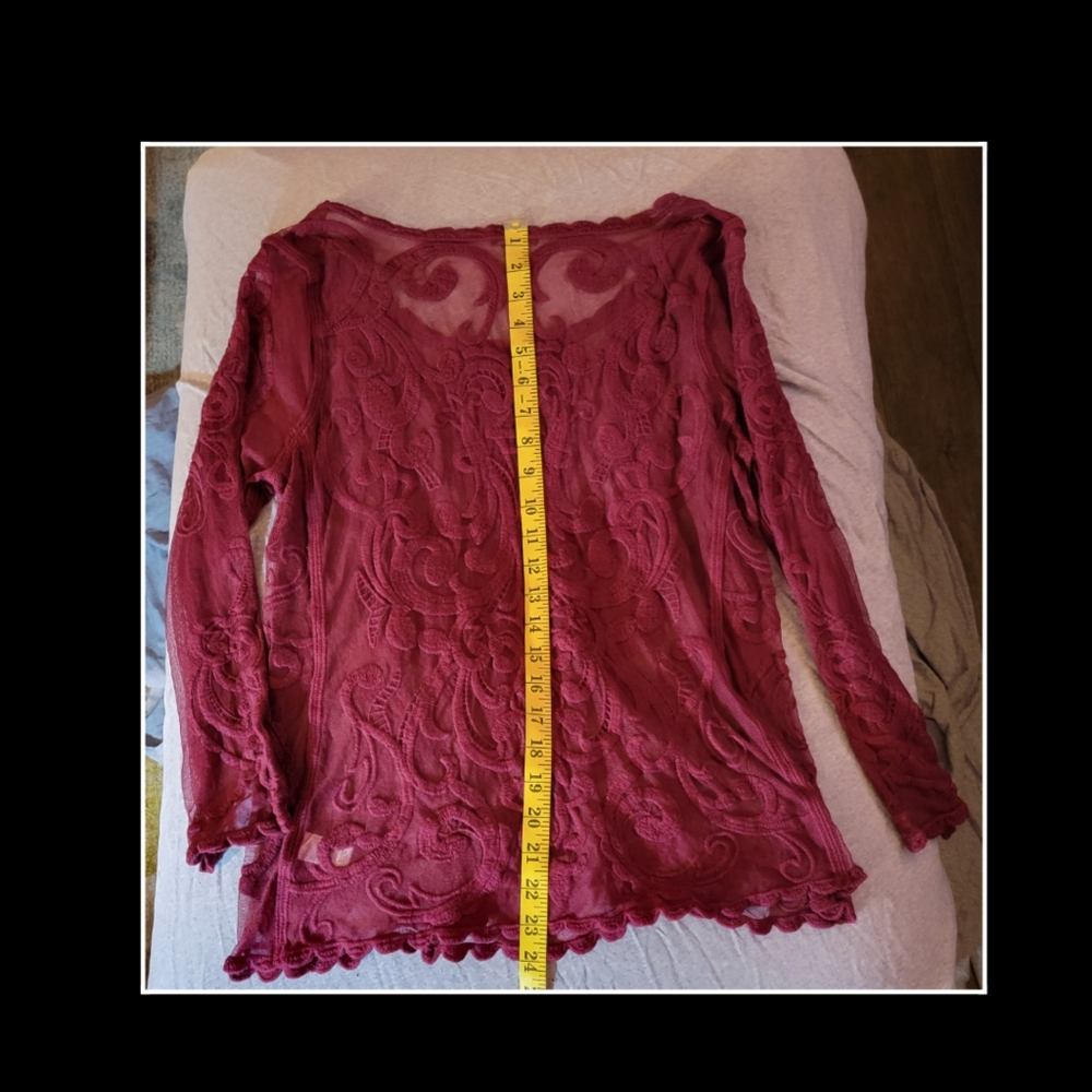 Sheer Burgundy/wine Lace Long Sleeve Shirt - Picture 3 of 9